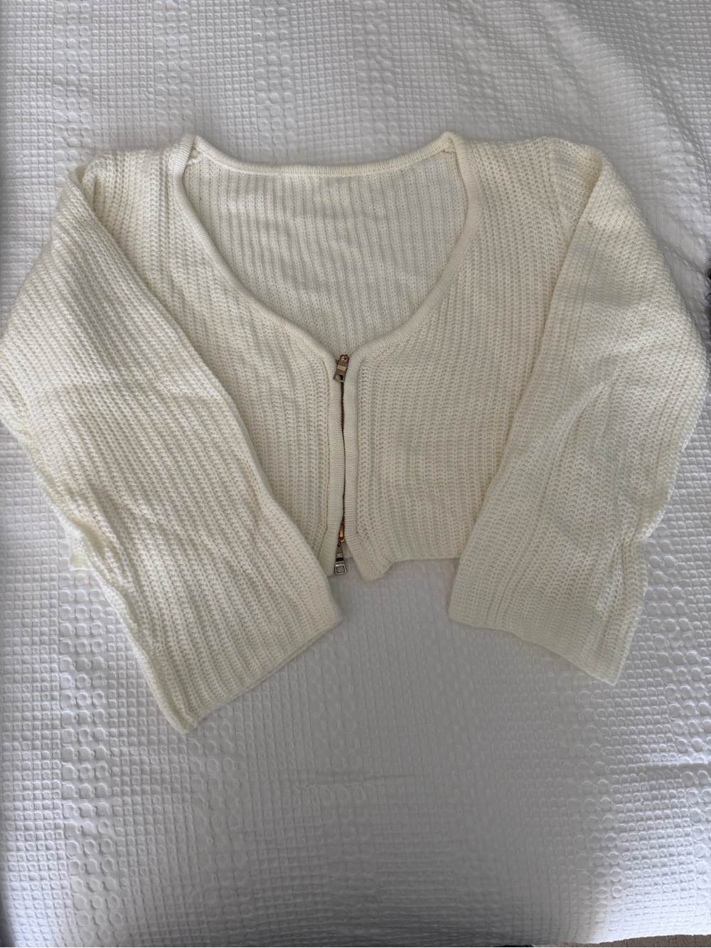 SHEIN Cream Cropped Ribbed Zip-Front Cardigan
